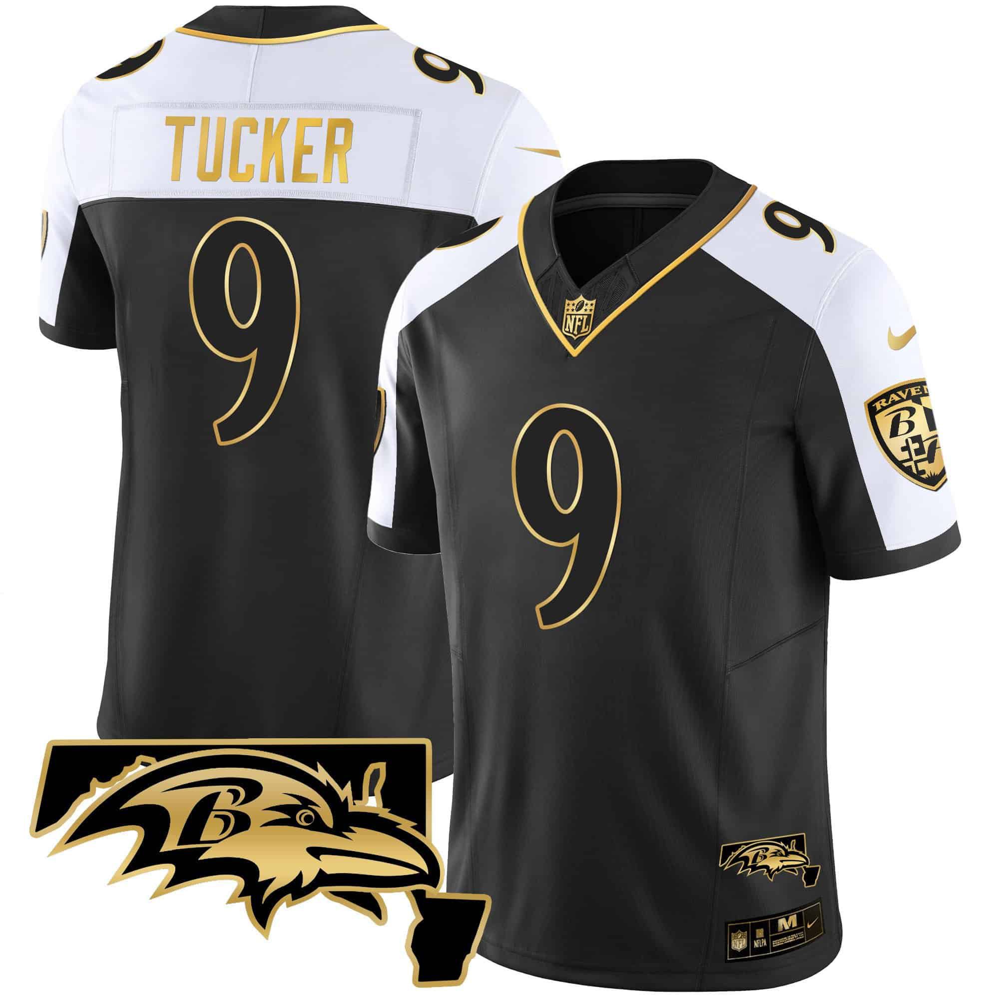 Men Baltimore Ravens 9 Tucker Black Gold 2024 Nike Maryland Patch Vapor Limited NFL Jersey